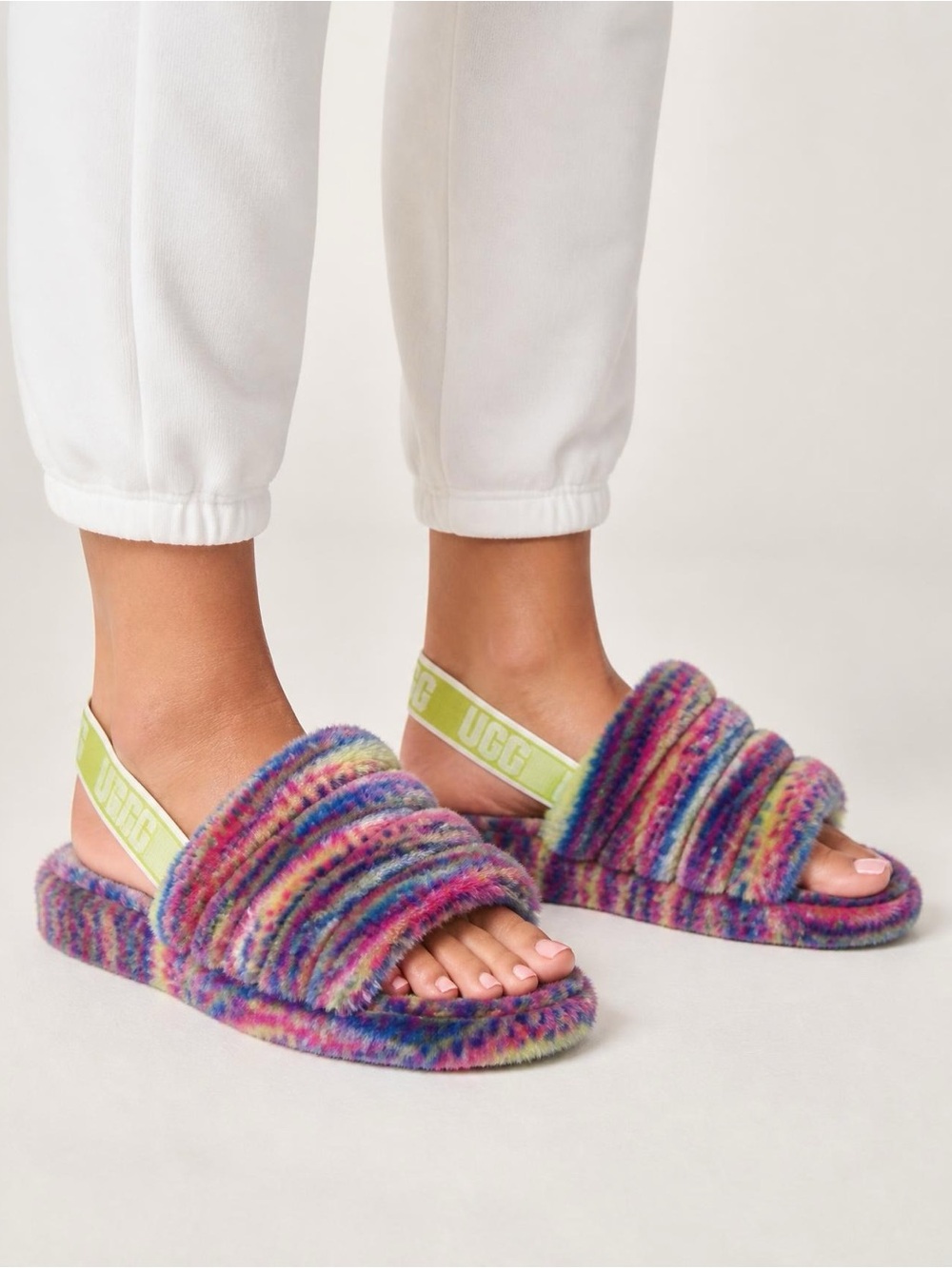Brand new UGG Rainbow Faux-Fur Slide Sandals with Lime Heel Strap size 6